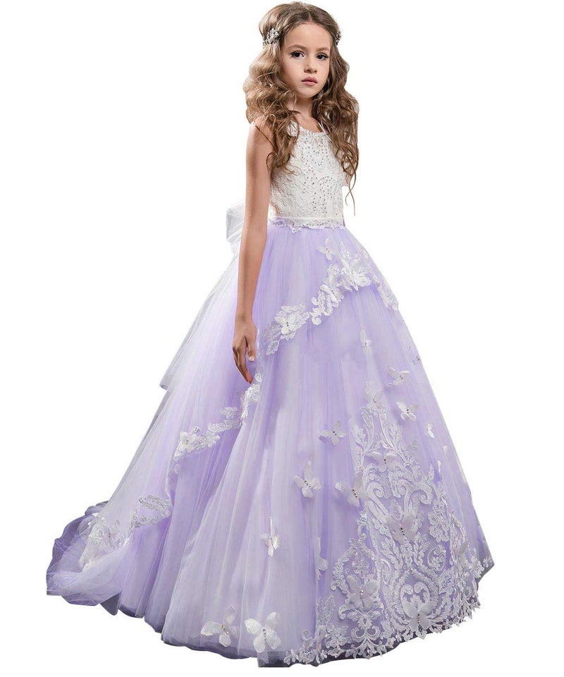 PLwedding Flower Girl Dress Kids Lace Beaded Pageant Ball Gowns (Size 6, B Lilac) - Image 1